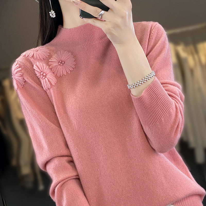 Damen Weicher Feinstrickpullover mit kurzem Stehkragen, 3D‑Blütenapplikation und gerippten Bündchen Shop Nory