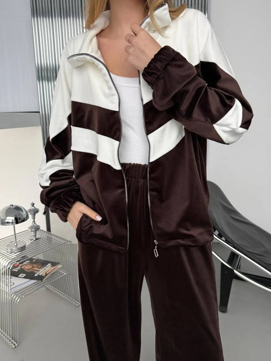 Damen Retro-inspiriertes Samt-Trackset mit Chevron-Design, Stehkragen und weiter High-Waist-Jogger Shop Nory