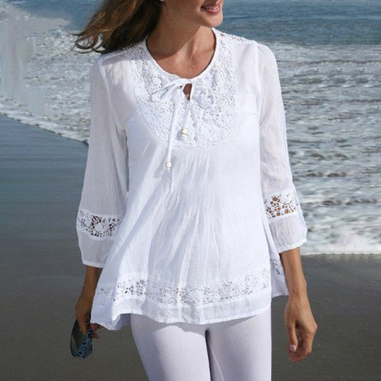 Damen Lässige Tunika-Bluse mit Häkelspitze, Bindekragen und dreiviertel Ärmeln Shop Nory