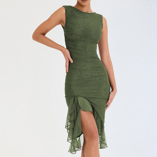 Damen figurbetontes Cocktailkleid mit raffinierten Rüschendetails und asymmetrischem Saum