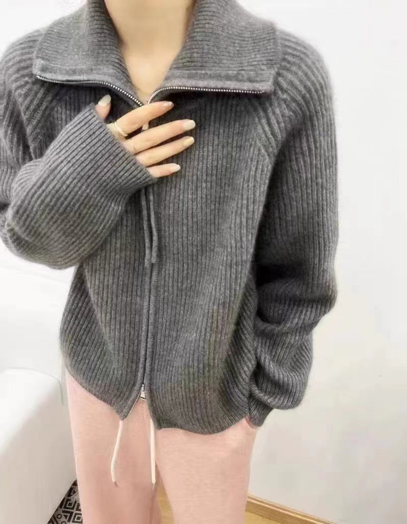 Damen Oversize-Strickjacke mit Reißverschluss, Stehkragen und gerippter Struktur Shop Nory