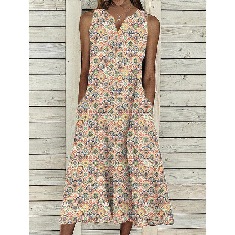 Damen Midi-Kleid mit tiefem V-Ausschnitt, Knopfdetails und praktischen Taschen