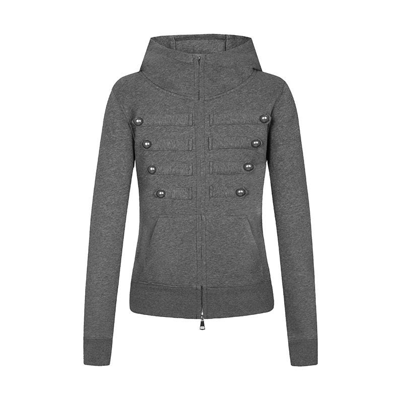 Damen Kapuzen-Sweatjacke im Military-Style mit Stehkragen, Zierriegeln und durchgehendem Reißverschluss Shop Nory
