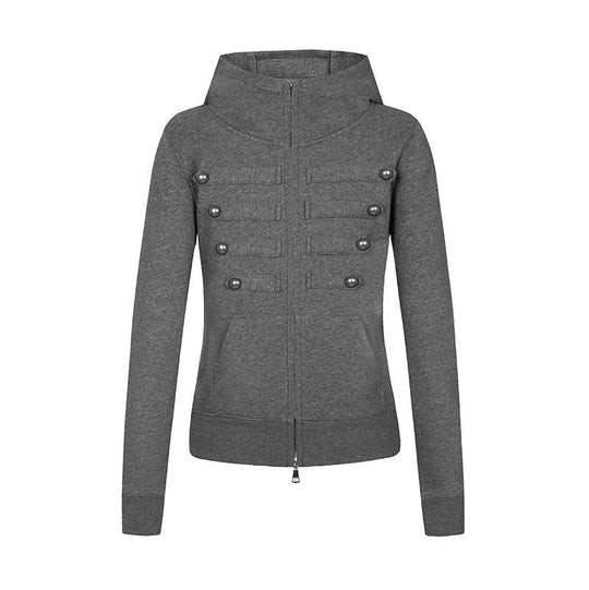 Damen Kapuzen-Sweatjacke im Military-Style mit Stehkragen, Zierriegeln und durchgehendem Reißverschluss Shop Nory