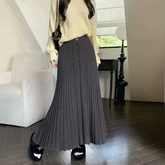 Damen Eleganter Plissee-Maxirock mit Knopfdetails Shop Nory