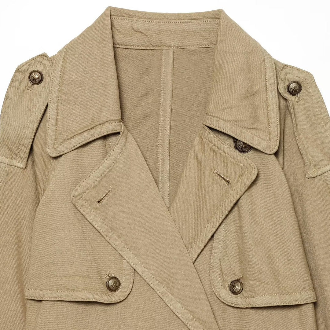 Damen Cropped Trench-Capejacke mit doppelreihiger Knopfleiste, Schulterpatten und Bindegürtel Shop Nory