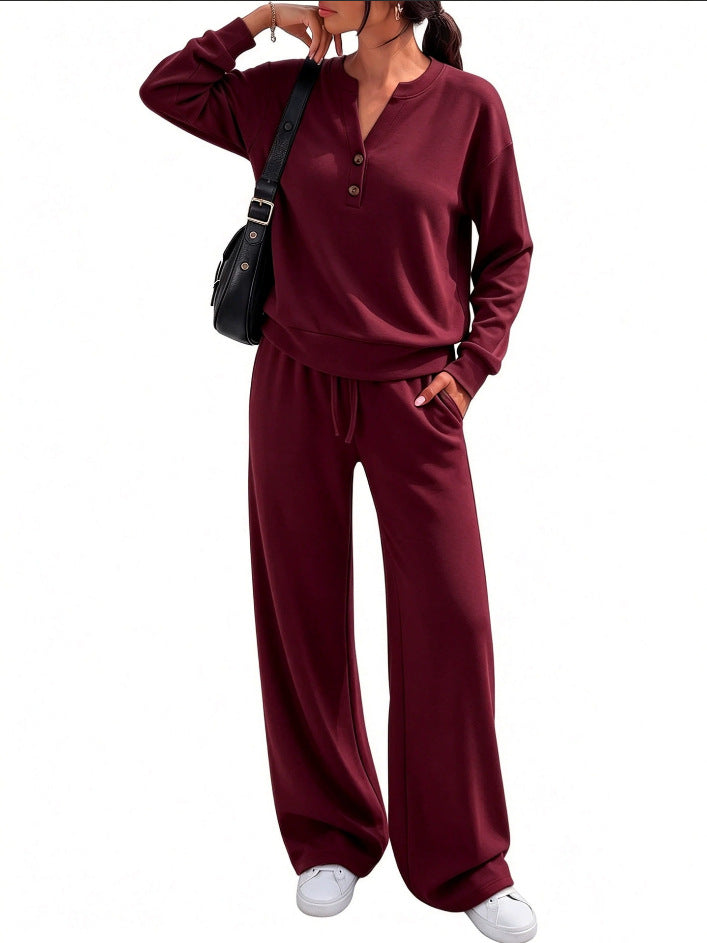 Damen Lounge-Set mit Henley-Kragen und palazzoweiter Jogginghose Shop Nory