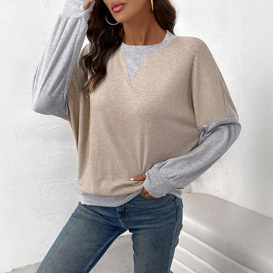 Damen Zweifarbiger Oversize-Langarmpullover mit Kontrastärmeln und V-Naht Shop Nory