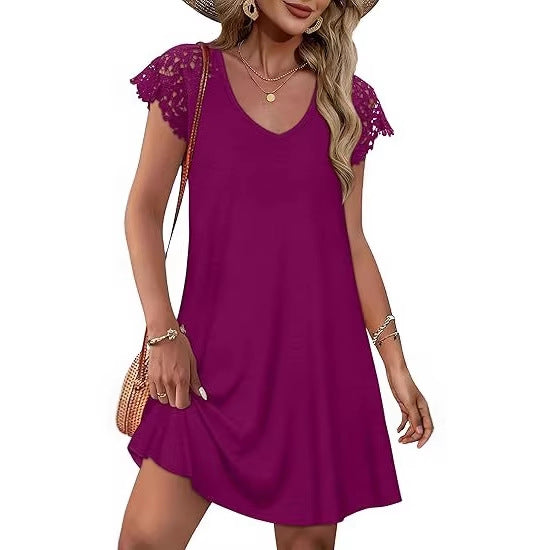 Damen Sommerkleid mit eleganten Spitzenärmeln und floralem Muster