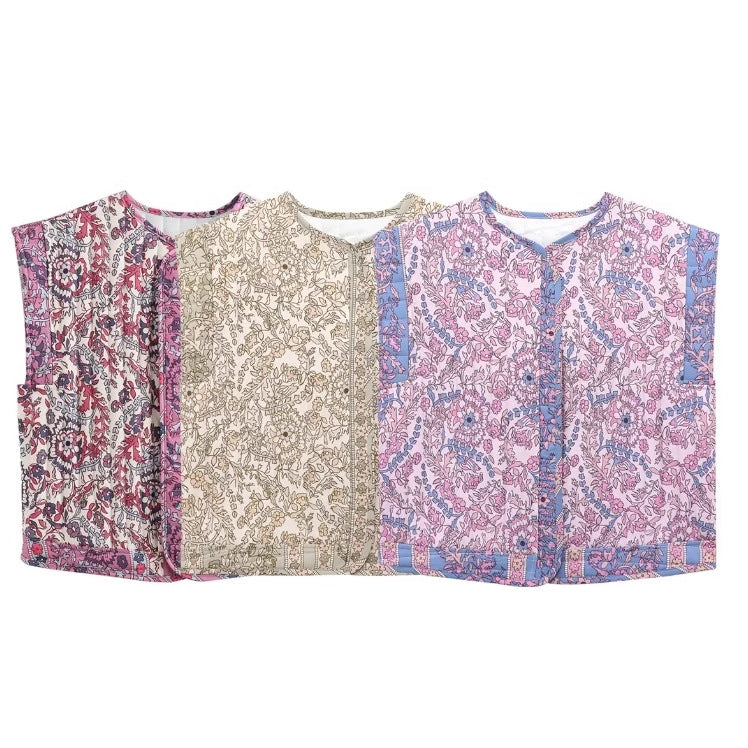 Damen Gesteppte Weste mit Floralem Design und Praktischen Taschen