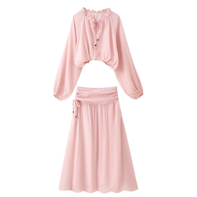 Damen Zweiteiliges Boho-Set mit verkürzter Rüschenbluse, Ballonärmeln und hochtailliertem Maxirock Shop Nory