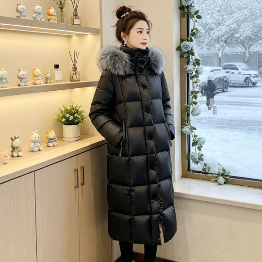 Damen Lange Daunenjacke mit Kunstfellkragen Shop Nory