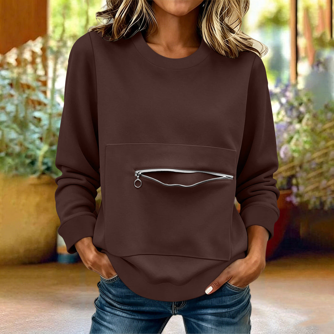 Damen nan locker geschnittenes Sweatshirt mit Frontreißverschlusstasche und Rundhalsausschnitt Shop Nory