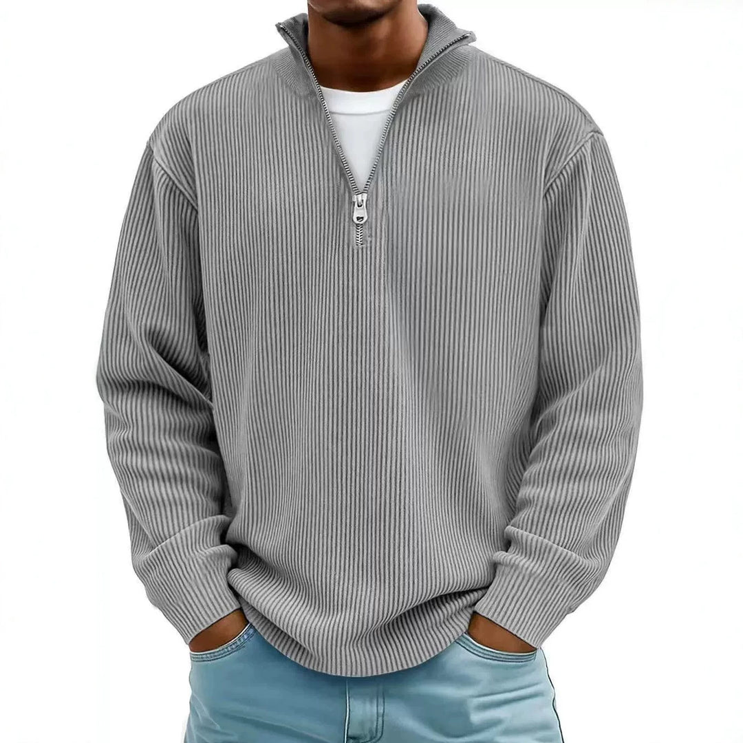 Herren Gerippter Halbzip-Strickpullover mit Stehkragen und lockerer Passform Shop Nory