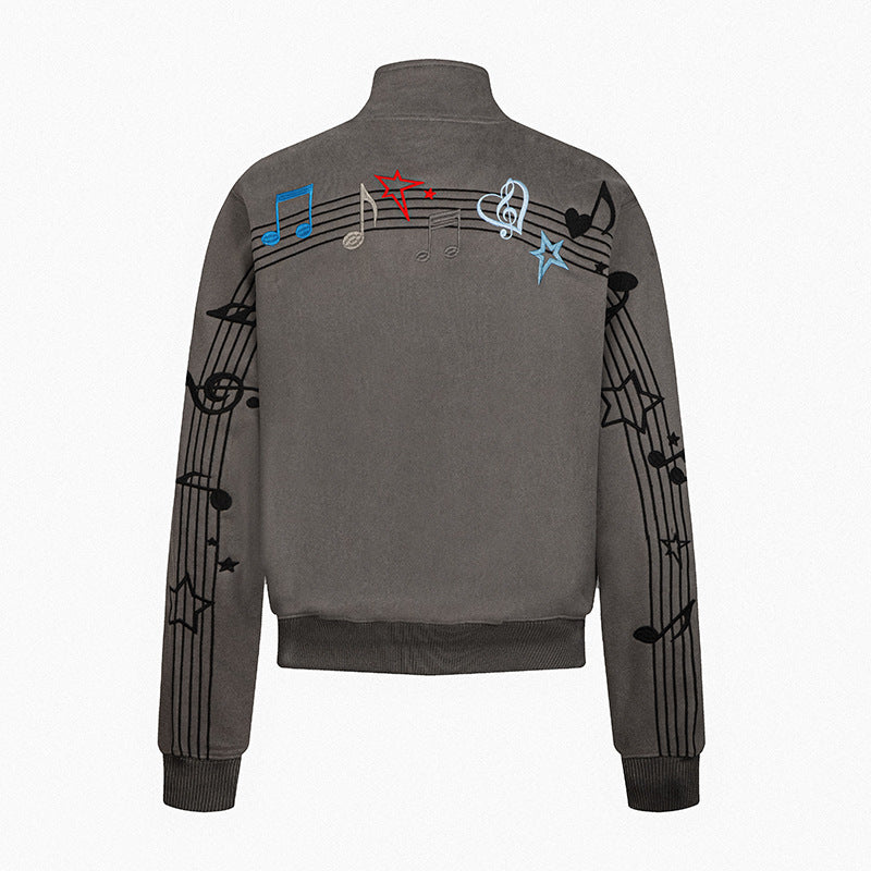 Damen Kurz geschnittene Stehkragen‑Sweatjacke mit Noten- und Stern-Stickerei Shop Nory