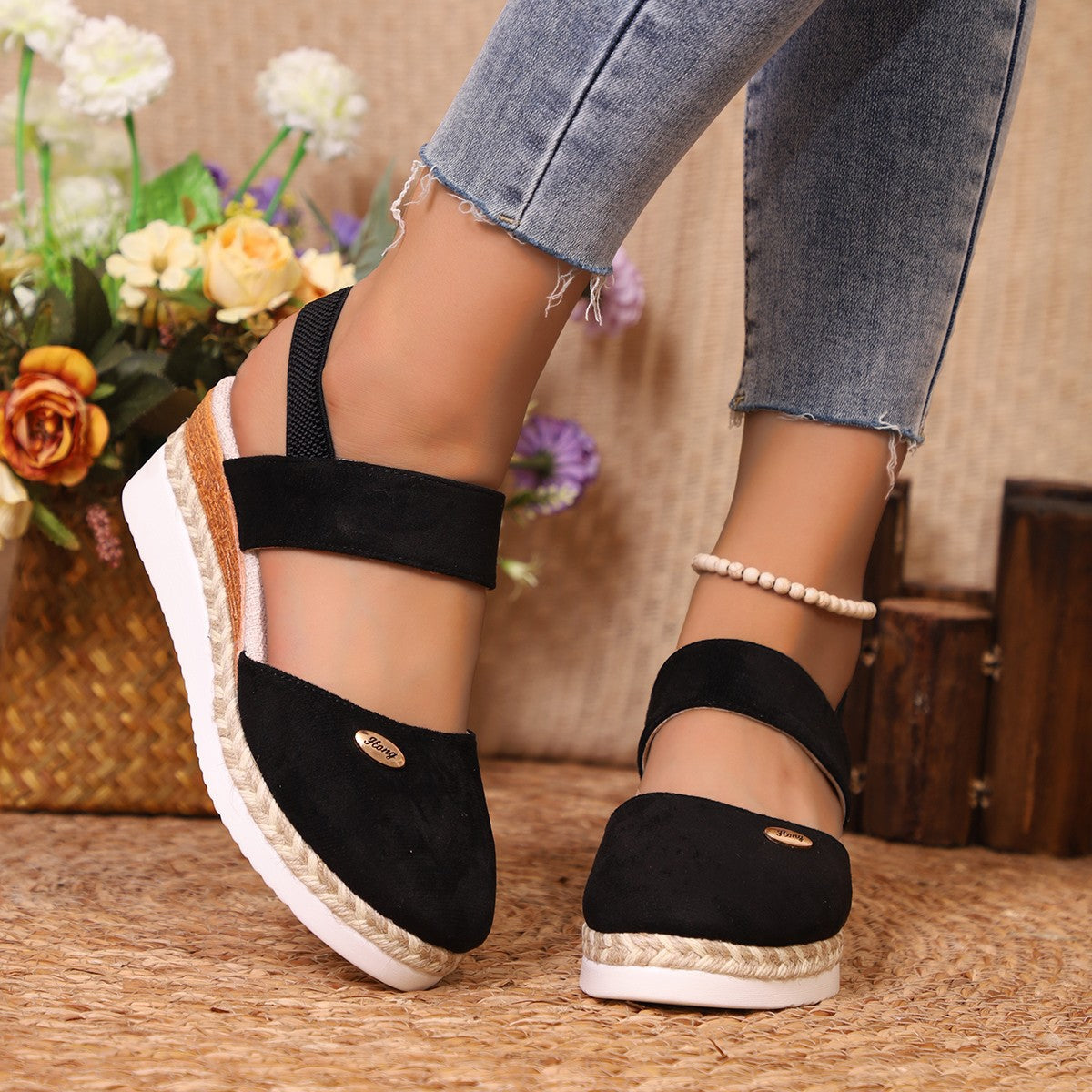 Damen Wedge-Sandalen mit elastischen Riemen und edlem Espadrille-Design