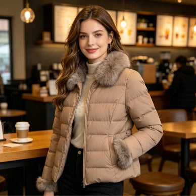 Damen nan kurze taillierte Wintersteppjacke mit abnehmbarem Webpelzkragen, tonalen Taillenriegeln und verdecktem zweiwege-reißverschluss Shop Nory