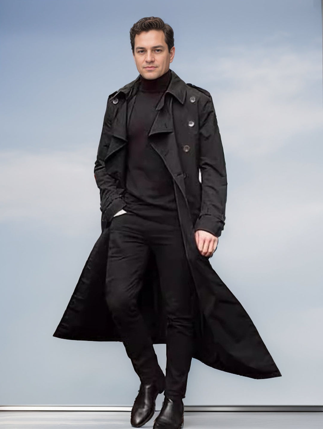 Herren langer Trenchcoat mit modernem Schnitt und praktischen Taschen