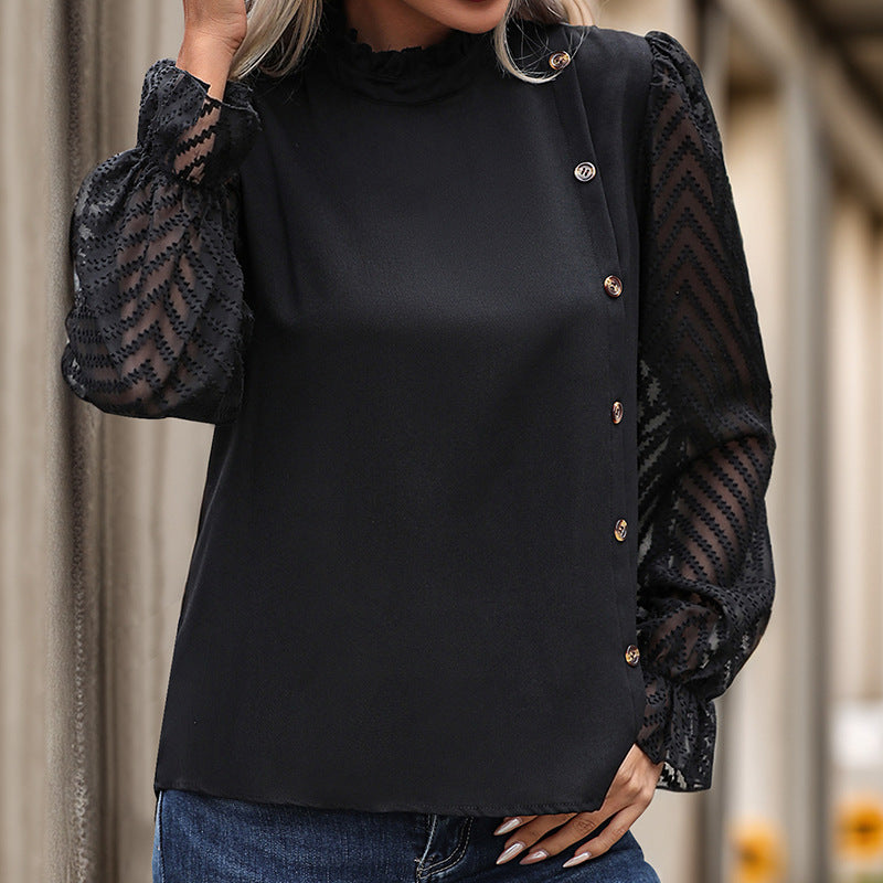 Damen Chiffonbluse mit Stehkragen, transparenten Ballonärmeln und asymmetrischer Knopfleiste Shop Nory
