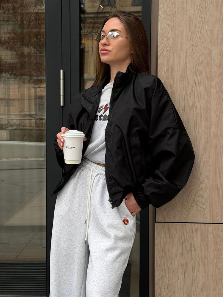 Damen Oversize Cropped Bomberjacke mit Stehkragen und Reißverschluss Shop Nory