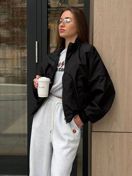 Damen Oversize Cropped Bomberjacke mit Stehkragen und Reißverschluss Shop Nory