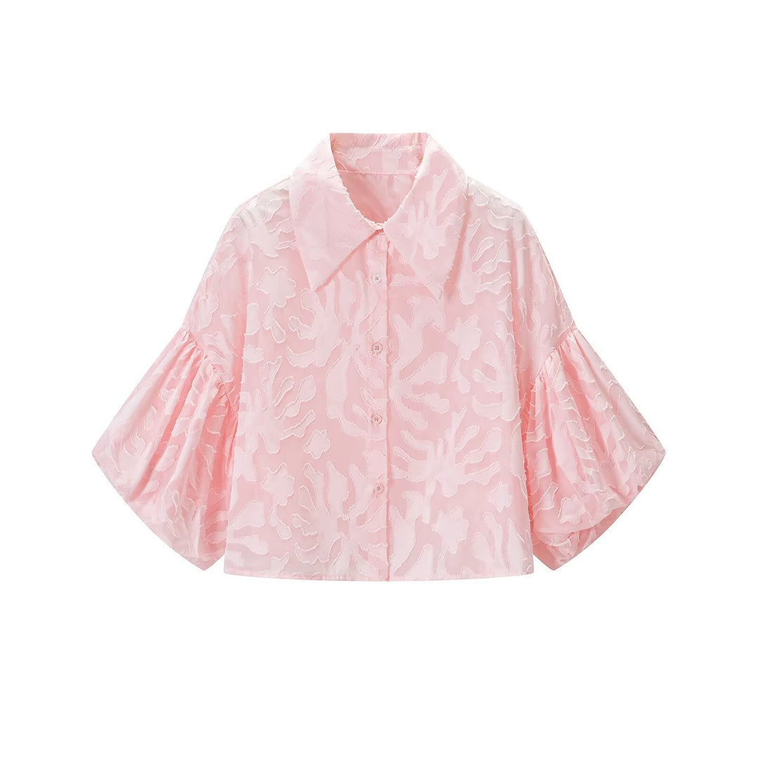 Damen Transparente Organza-Bluse mit weitem Schnitt, Volumenärmeln und Hemdkragen Shop Nory