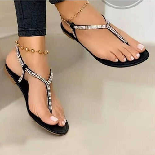 Damen Flache Zehentrenner‑Sandalen mit T‑Riemen und Strassbesatz Shop Nory