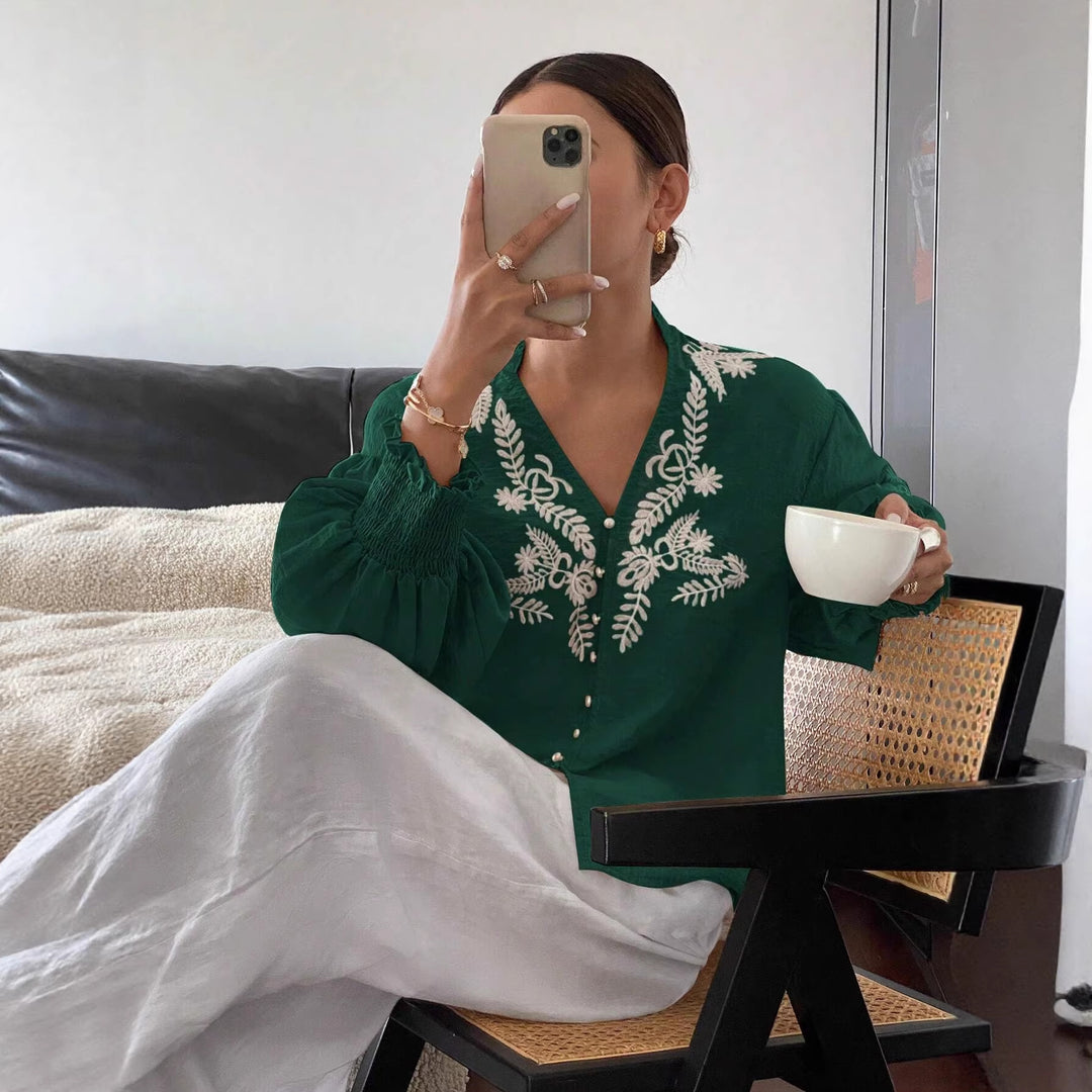 Damen Boho-Bluse mit Puffärmeln, Stickerei und Perlenknöpfen Shop Nory