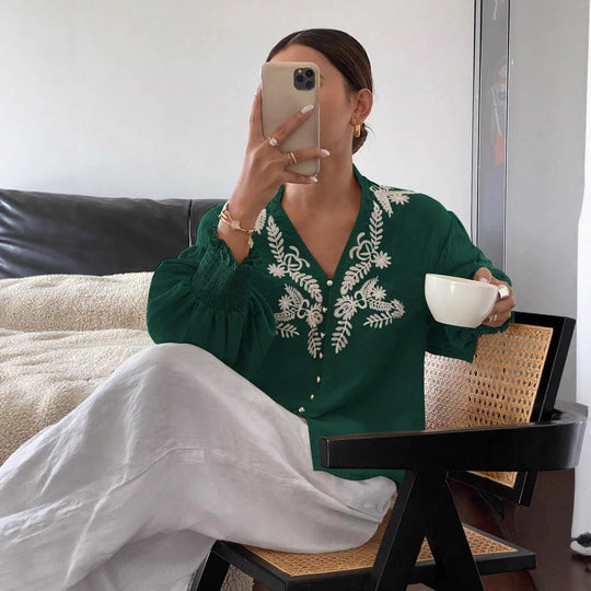 Damen Boho-Bluse mit Puffärmeln, Stickerei und Perlenknöpfen Shop Nory