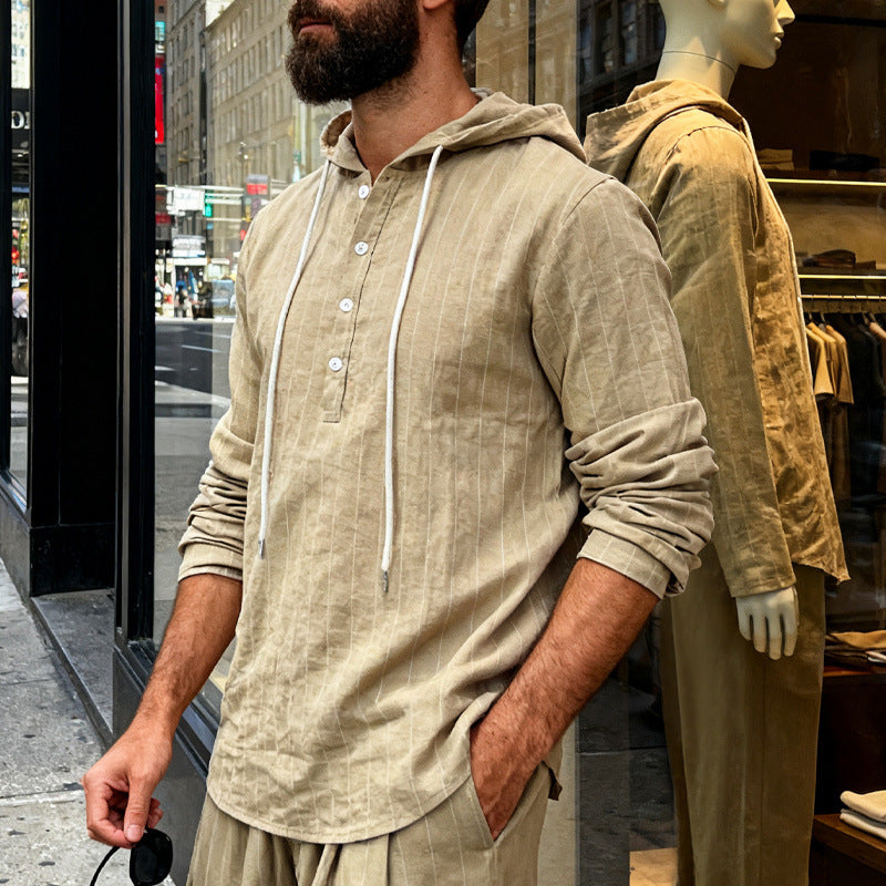 Herren nan Kapuzenshirt aus Leinenmix mit halber Knopfleiste und Nadelstreifen