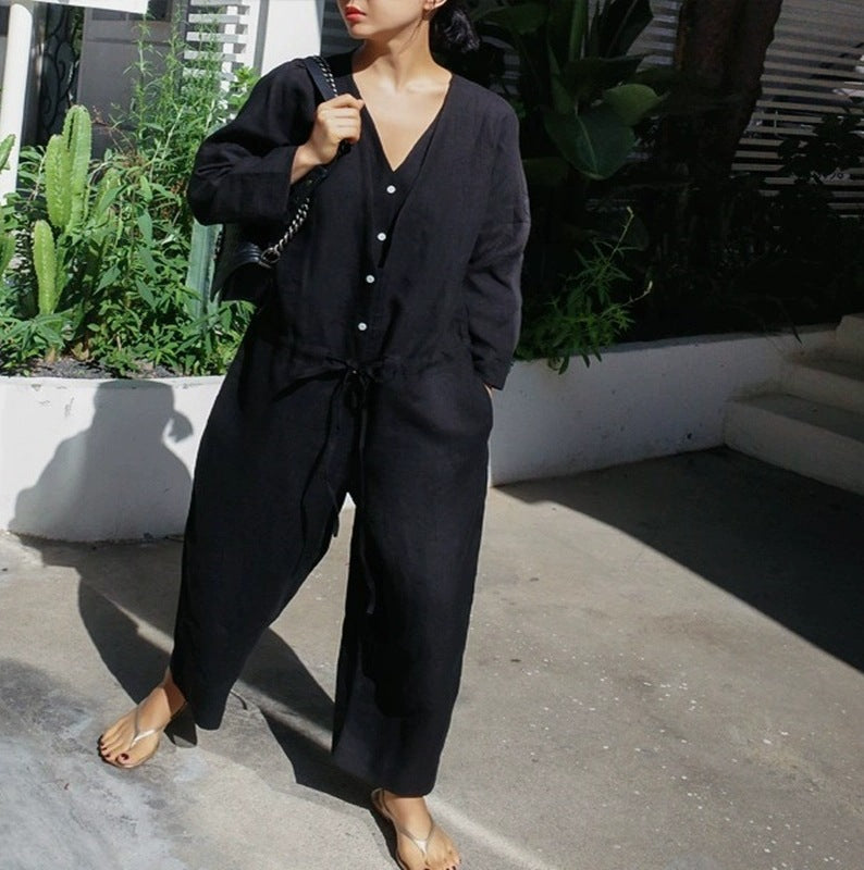 Damen Leinen-Overall mit V-Ausschnitt und Bindegürtel Shop Nory