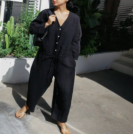 Damen Leinen-Overall mit V-Ausschnitt und Bindegürtel Shop Nory