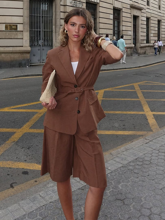 Damen Leinen-Mix taillierter Blazer mit Gürtel, 3/4-Ärmeln & Pattentaschen Shop Nory
