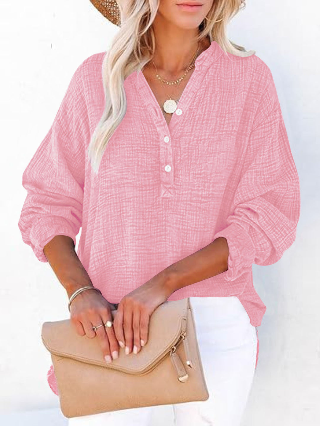 Damen Oversize Texturierte Baumwollbluse mit Henley-Knopfleiste Shop Nory