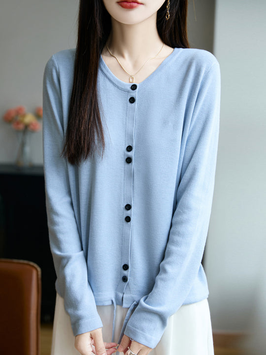 Damen Leichter Feinstrick-Knopfleisten-Cardigan mit Rundhalsausschnitt Shop Nory