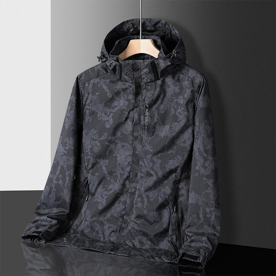 Herren leichter wasserdichter Softshell‑Hoodie mit Kapuze und Tarn‑Hex‑Alloverprint Shop Nory