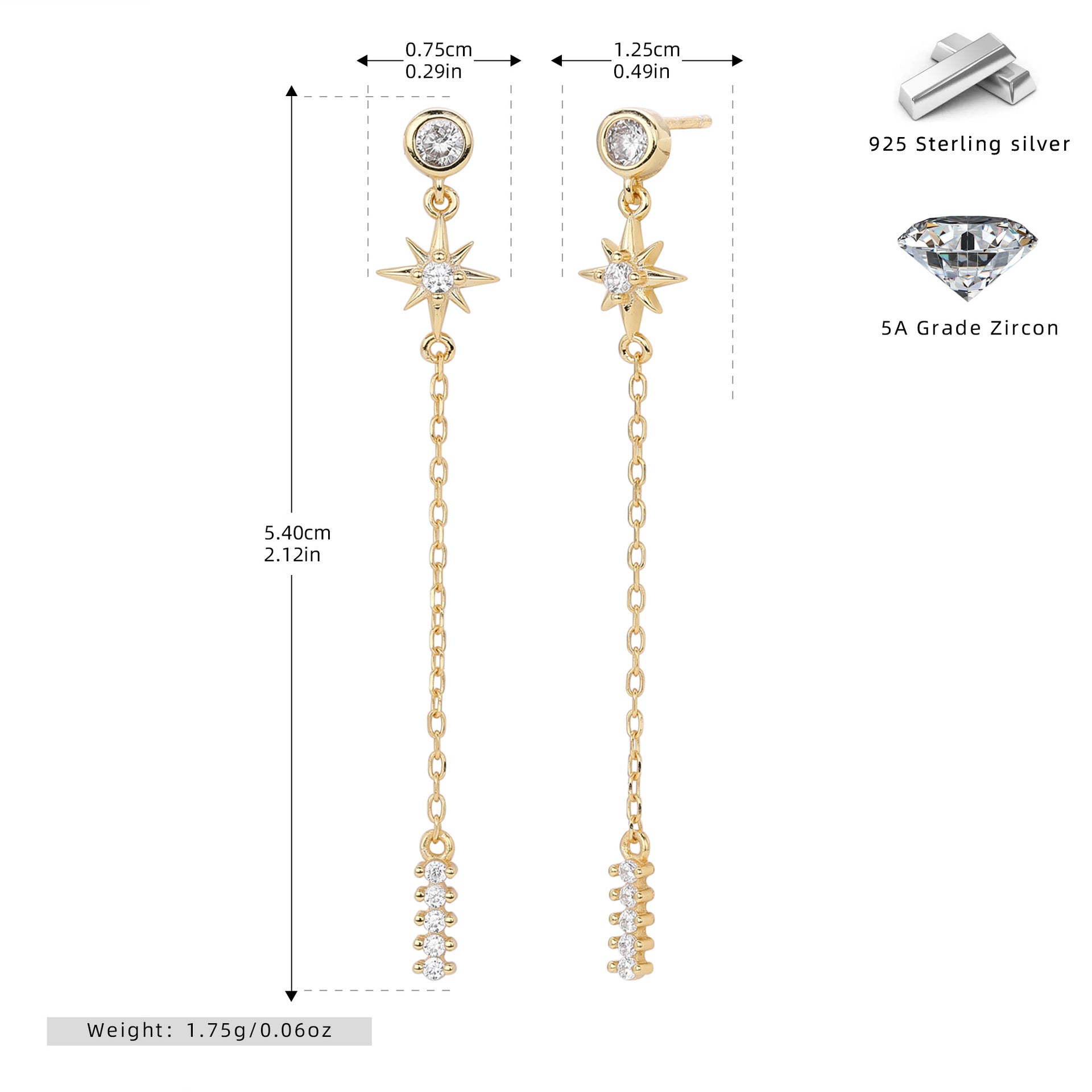 Damen goldene Ohrhänger mit funkelnden Zirkonen und eleganten Kettendetails Shop Nory