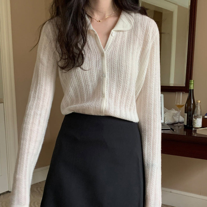 Damen Leichter Ajourstrick-Knopfccardigan mit Hemdkragen und feiner Zopfmusterstruktur Shop Nory