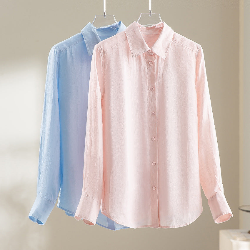 Damen Locker fallende Leinenmix-Bluse mit Hemdkragen und Manschetten Shop Nory