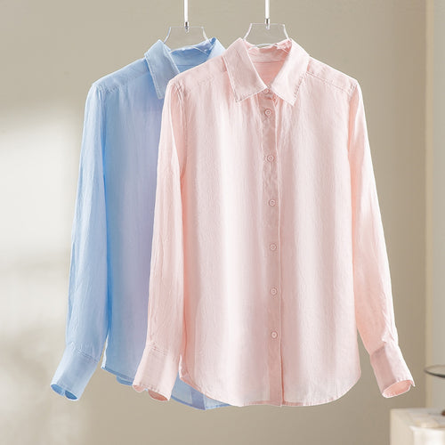 Damen Locker fallende Leinenmix-Bluse mit Hemdkragen und Manschetten Shop Nory