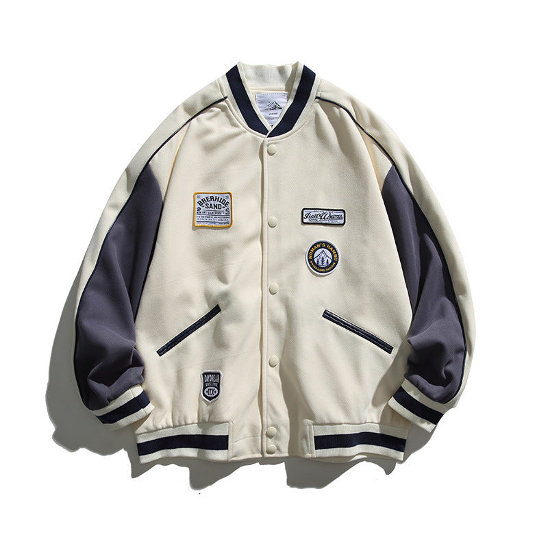 Unisex Boxy College-Bomberjacke mit Badge-Applikationen und kontrastierenden Rippabschlüssen Shop Nory