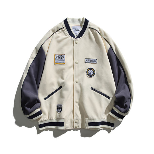 Unisex Boxy College-Bomberjacke mit Badge-Applikationen und kontrastierenden Rippabschlüssen Shop Nory