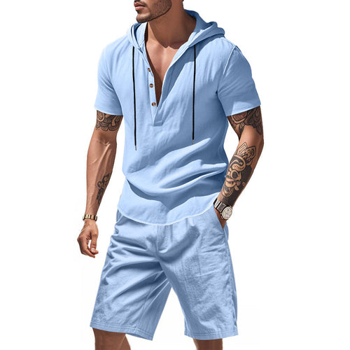 Herren lässiges Kurzarmhemd mit Kapuze und Shorts