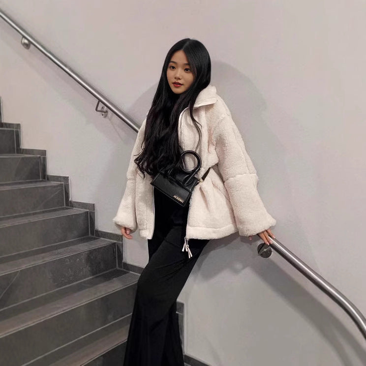 Damen Weit geschnittene Teddy-Fleecejacke mit hohem Stehkragen Shop Nory