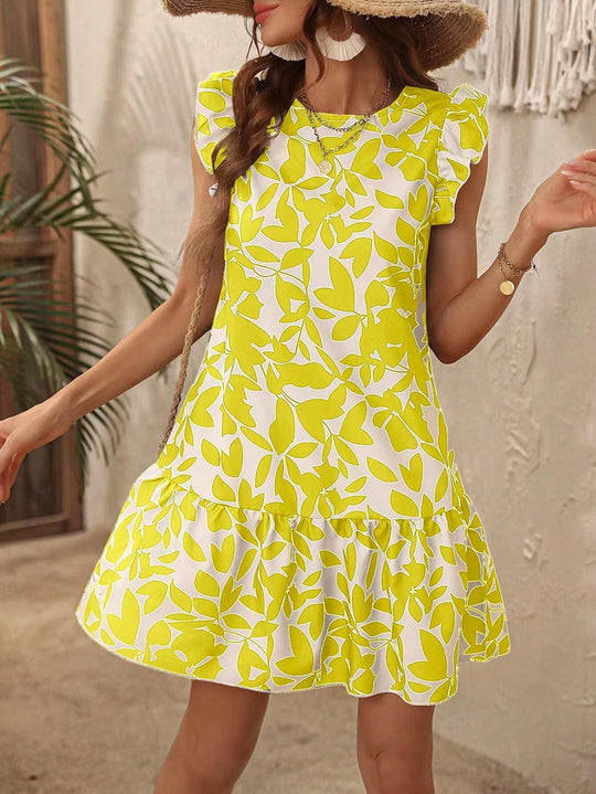 Damen Leichtes Stufen‑Kurzkleid mit Rüschenärmeln und botanischem Print Shop Nory