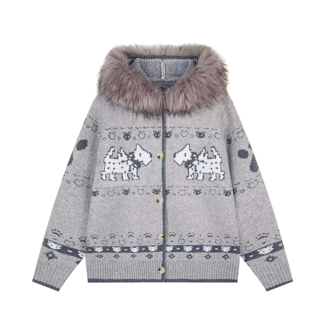 Damen Gemütliche Strickjacke mit Tiermuster und Pelzkragen Shop Nory