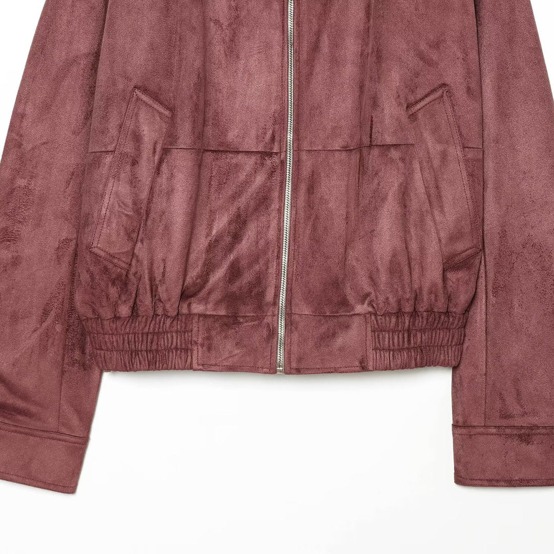Damen Kurzjacke im Bomberstil aus Veloursleder-Optik mit hohem Stehkragen und Kängurutaschen Shop Nory