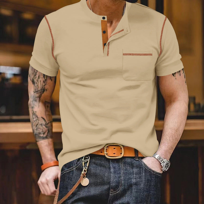 Herren nan urbanes Kurzarmshirt mit Stehkragen, halber Knopfleiste und Brusttasche