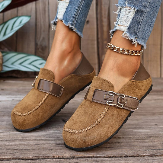 Damen Mokassin-Slipper aus Veloursleder mit dekorativer Metall-Schnalle Shop Nory