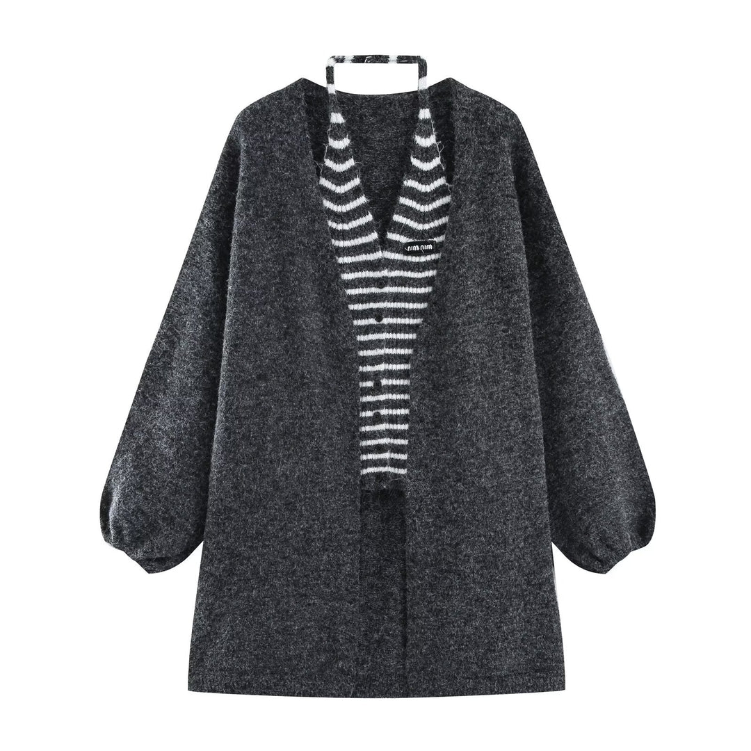 Damen Oversized Mohairoptik-Cardigan mit Ballonärmeln und gestreiftem Einsatz Shop Nory